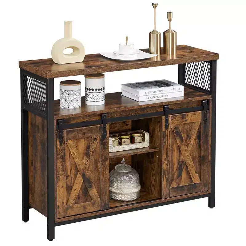 Buffet Sideboard Cabinet, 2 Sliding Barn Doors, 4 Adjustable Shelves, Steel Frame, 39.4"W