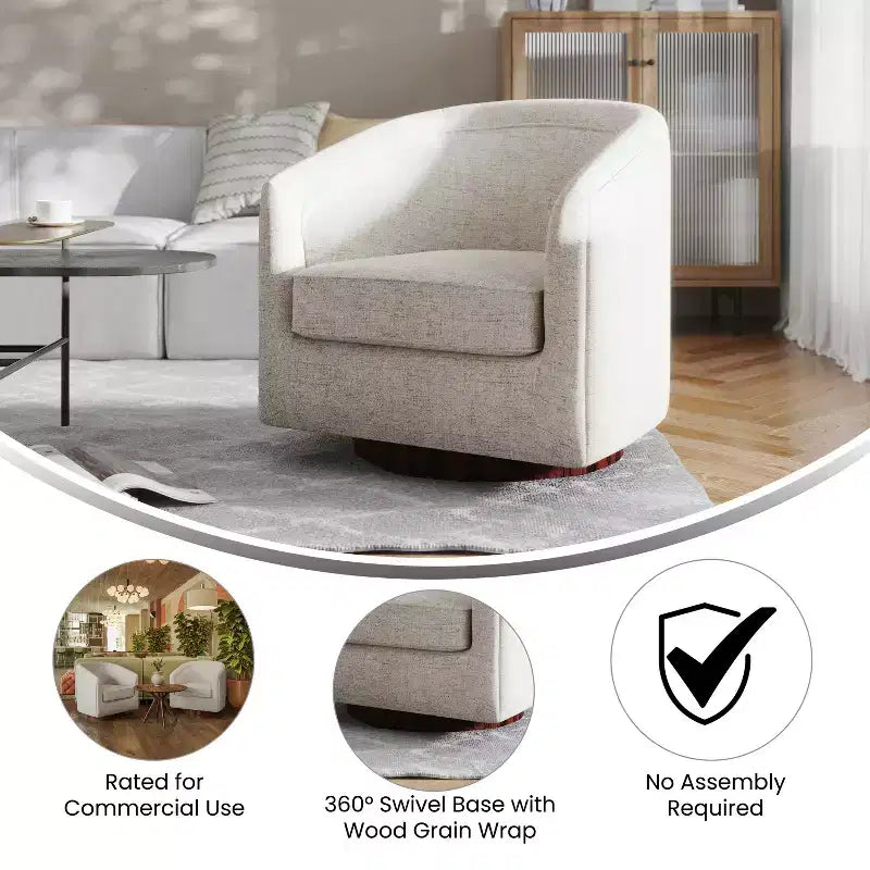 Club Style Barrel Accent Chair, 360° Swivel, Fabric Upholstery, Sloped Arms, 400 lb Capacity, No Assembly