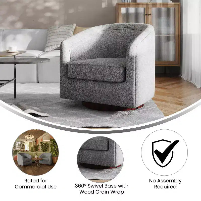 Club Style Barrel Accent Chair, 360° Swivel, Fabric Upholstery, Sloped Arms, 400 lb Capacity, No Assembly