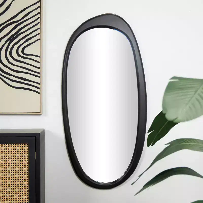 39" Abstract Oval Wall Mirror, Black MDF Frame, Wall Mount, Mounting Hardware Included, No Assembly
