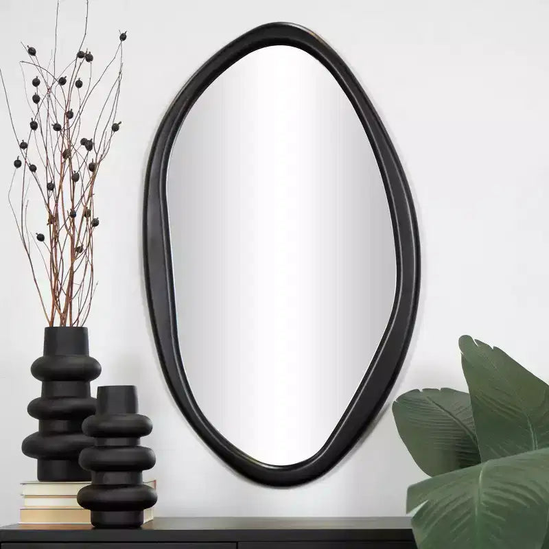 39" Abstract Oval Wall Mirror, Black MDF Frame, Wall Mount, Mounting Hardware Included, No Assembly