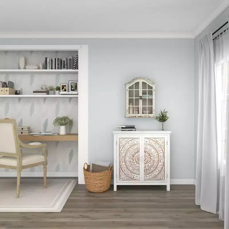 28x22" Traditional Wood Wall Shelf with Arched Shutter Doors, Open Shelf, Mounting Hardware Included