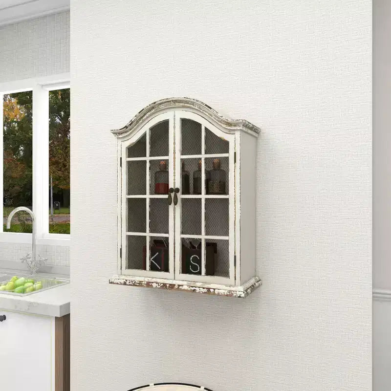 28x22" Traditional Wood Wall Shelf with Arched Shutter Doors, Open Shelf, Mounting Hardware Included