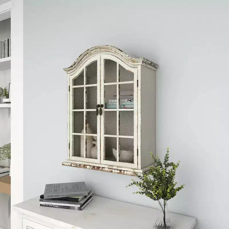 28x22" Traditional Wood Wall Shelf with Arched Shutter Doors, Open Shelf, Mounting Hardware Included