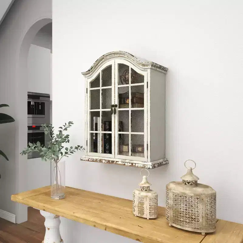28x22" Traditional Wood Wall Shelf with Arched Shutter Doors, Open Shelf, Mounting Hardware Included