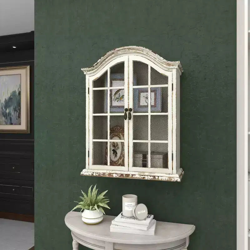 28x22" Traditional Wood Wall Shelf with Arched Shutter Doors, Open Shelf, Mounting Hardware Included