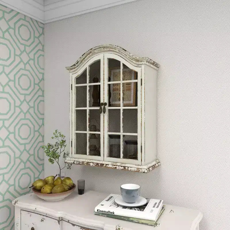 28x22" Traditional Wood Wall Shelf with Arched Shutter Doors, Open Shelf, Mounting Hardware Included