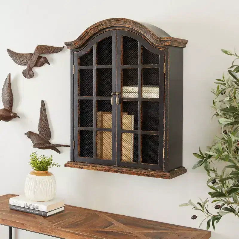 28x22" Traditional Wood Wall Shelf with Arched Shutter Doors, Open Shelf, Mounting Hardware Included