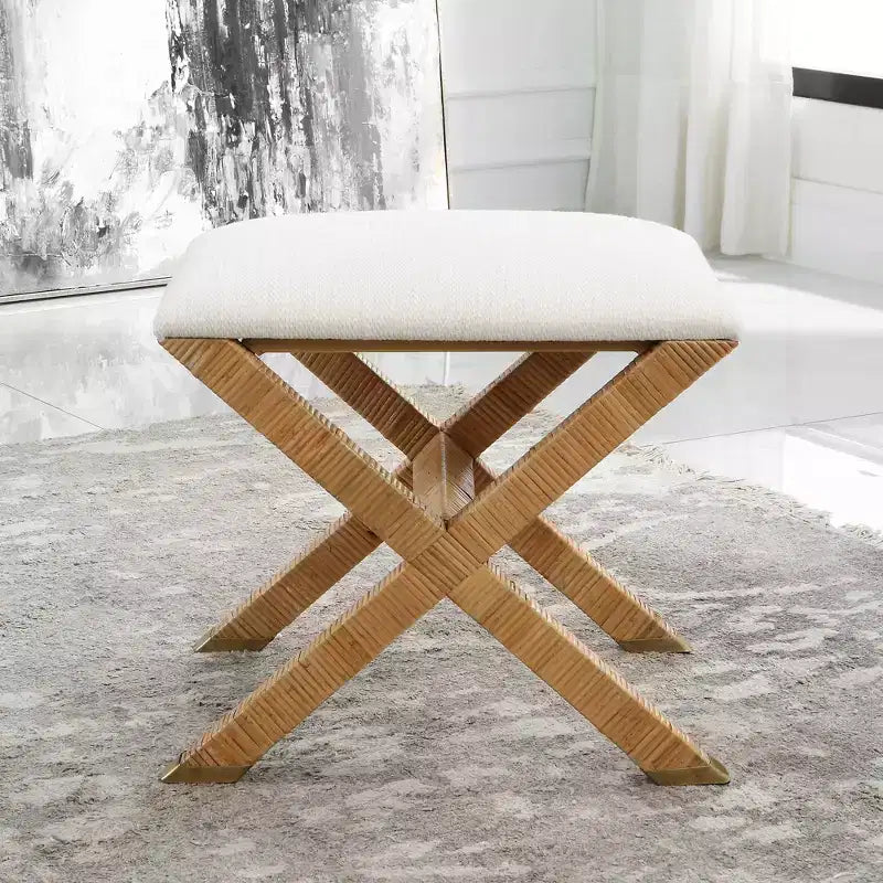 19" Upholstered Bench, White Textured Fabric, Rattan X-Base, Antique Brass Foot Caps, Iron Frame