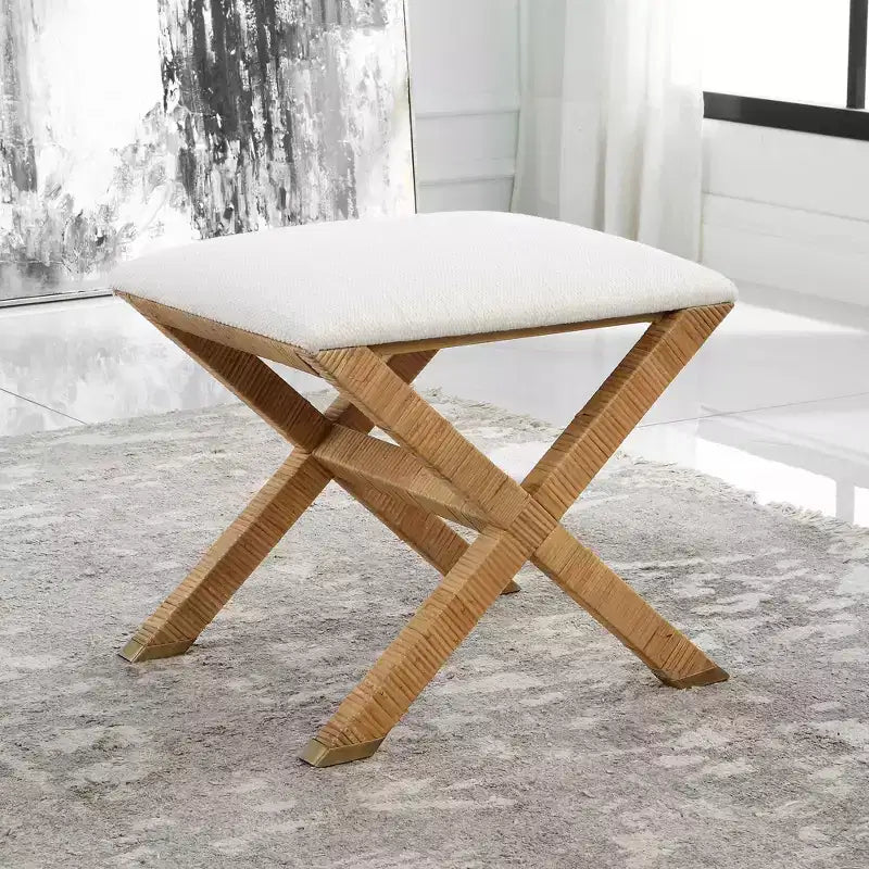 19" Upholstered Bench, White Textured Fabric, Rattan X-Base, Antique Brass Foot Caps, Iron Frame