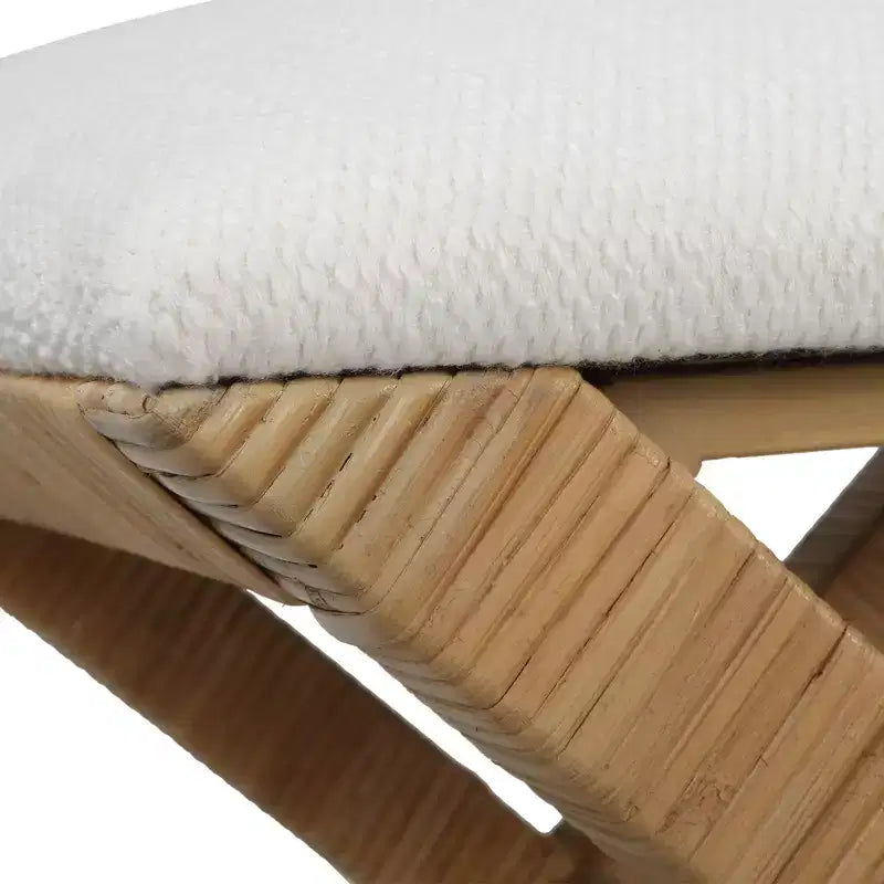 19" Upholstered Bench, White Textured Fabric, Rattan X-Base, Antique Brass Foot Caps, Iron Frame