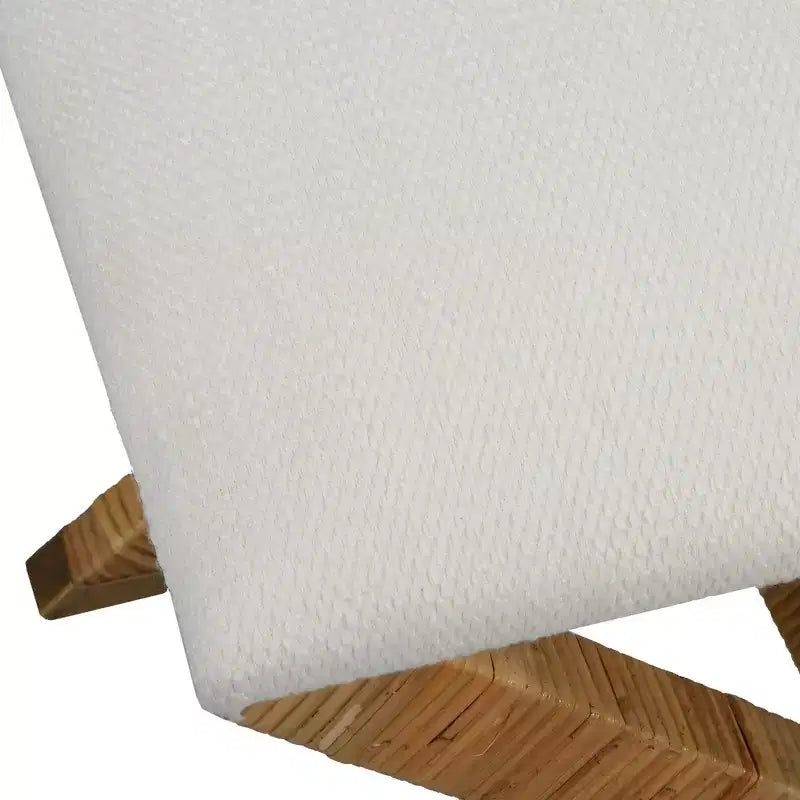 19" Upholstered Bench, White Textured Fabric, Rattan X-Base, Antique Brass Foot Caps, Iron Frame