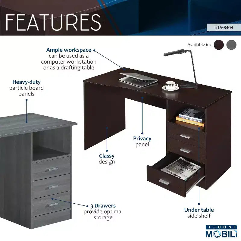 51" Classic Computer Desk with 3 Drawers & Fixed Shelf, Particle Board, 90 lb Capacity