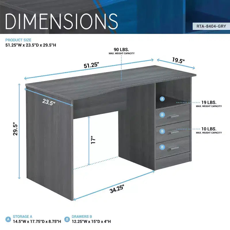 51" Classic Computer Desk with 3 Drawers & Fixed Shelf, Particle Board, 90 lb Capacity