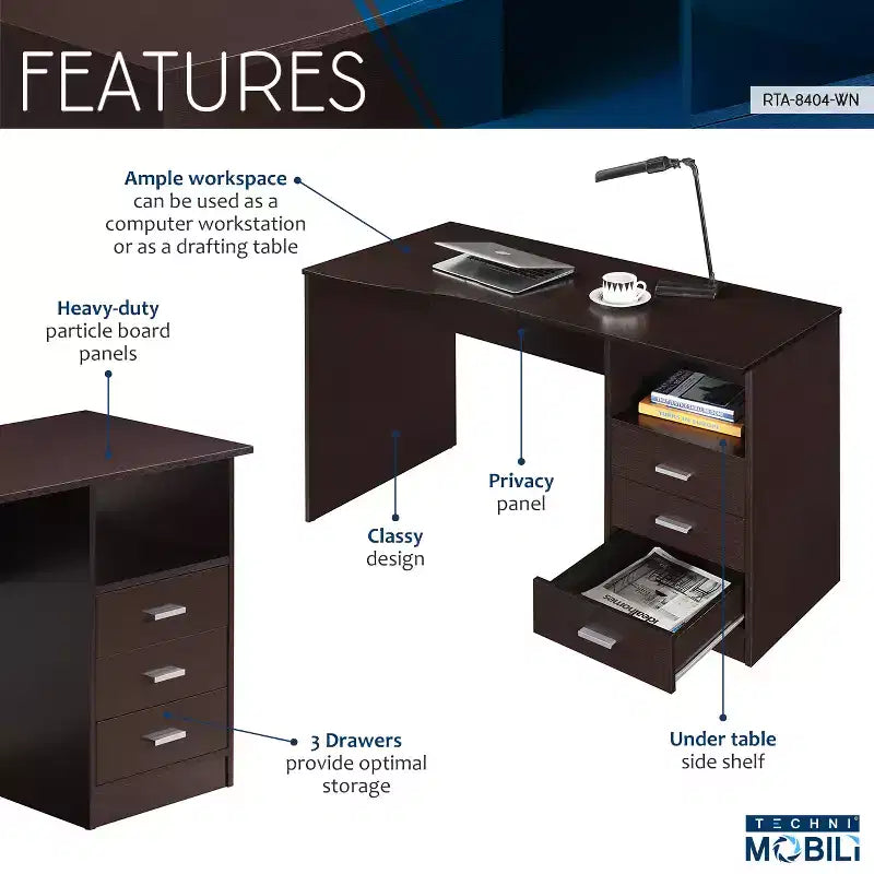 51" Classic Computer Desk with 3 Drawers & Fixed Shelf, Particle Board, 90 lb Capacity