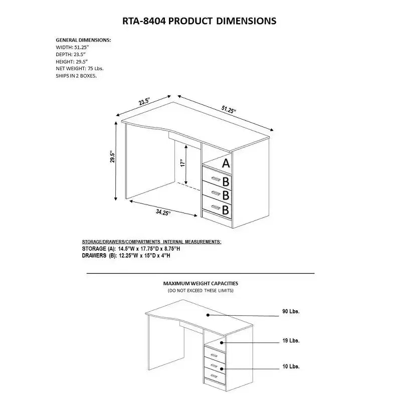 51" Classic Computer Desk with 3 Drawers & Fixed Shelf, Particle Board, 90 lb Capacity