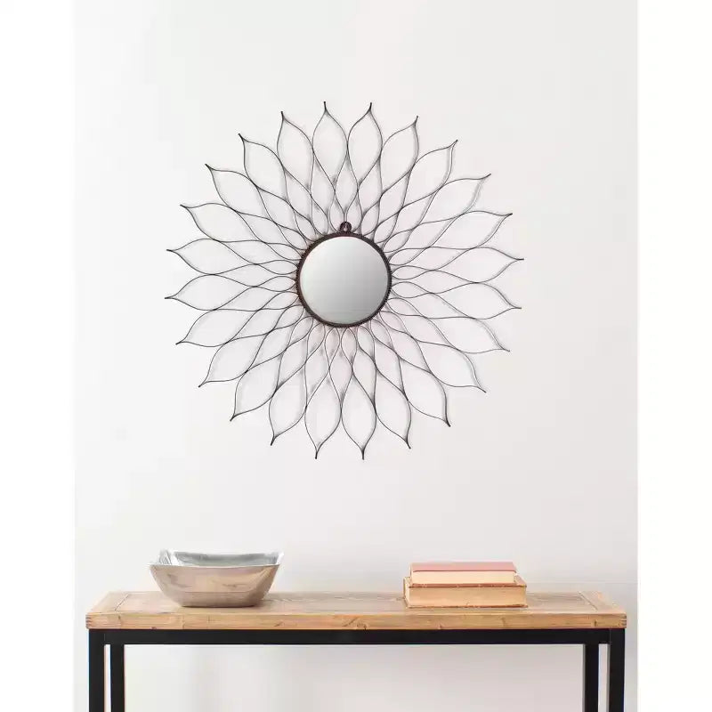 35" Sunburst Flower Wall Mirror, Iron Frame, Brown, Wall Mount, Made in India, No Assembly