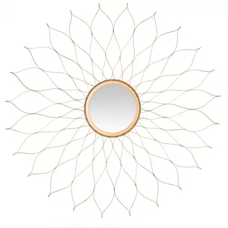 35" Sunburst Flower Wall Mirror, Iron Frame, Brown, Wall Mount, Made in India, No Assembly