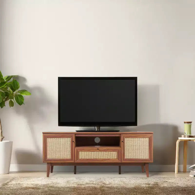 59" Farmhouse Caned TV Stand, Fits TVs up to 65", Drawer, Storage Doors, Cable Management, MDF
