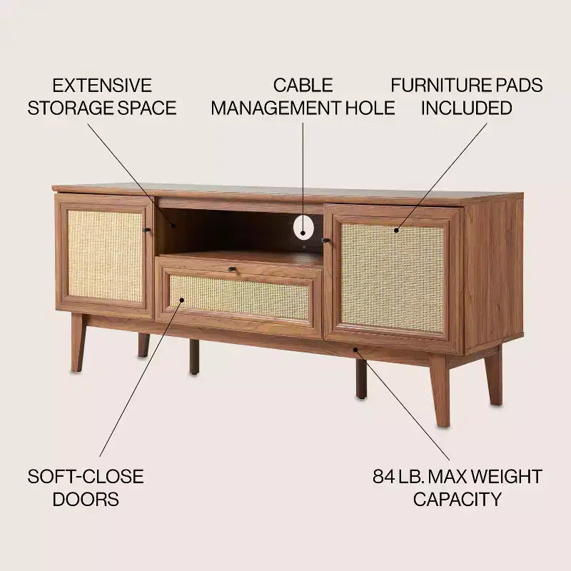 59" Farmhouse Caned TV Stand, Fits TVs up to 65", Drawer, Storage Doors, Cable Management, MDF