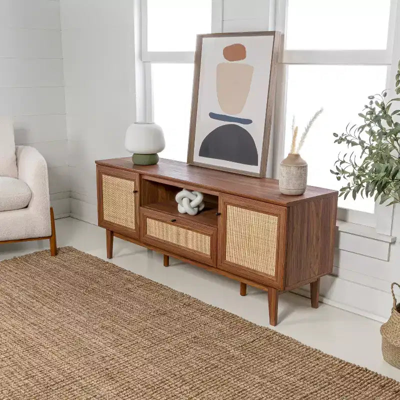 59" Farmhouse Caned TV Stand, Fits TVs up to 65", Drawer, Storage Doors, Cable Management, MDF