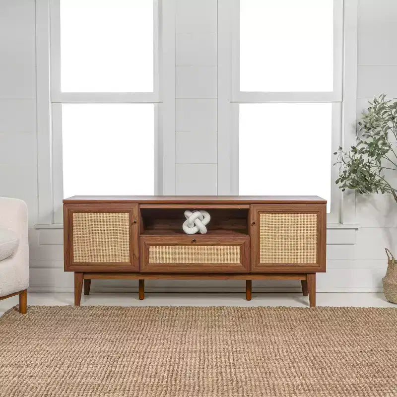59" Farmhouse Caned TV Stand, Fits TVs up to 65", Drawer, Storage Doors, Cable Management, MDF