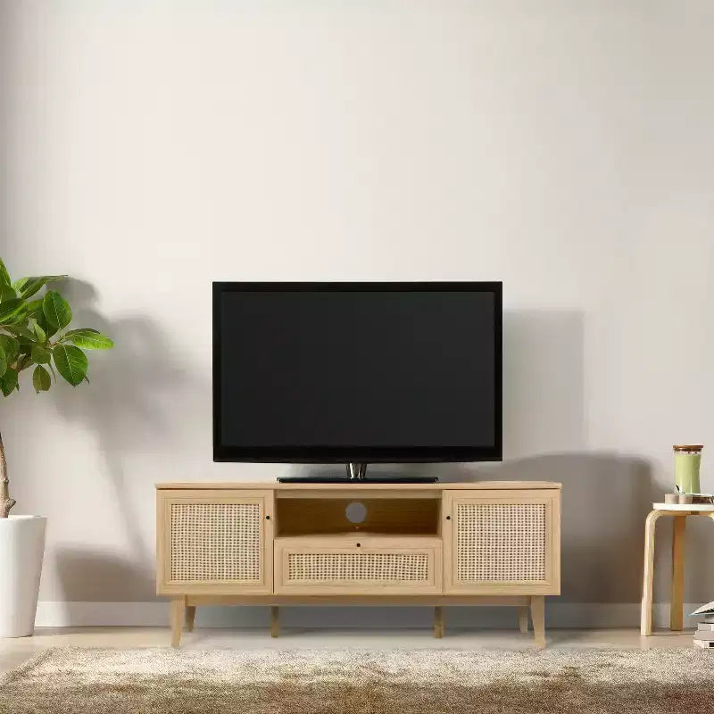 59" Farmhouse Caned TV Stand, Fits TVs up to 65", Drawer, Storage Doors, Cable Management, MDF