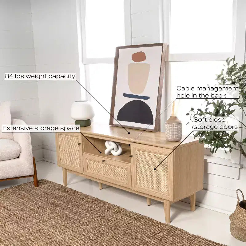 59" Farmhouse Caned TV Stand, Fits TVs up to 65", Drawer, Storage Doors, Cable Management, MDF