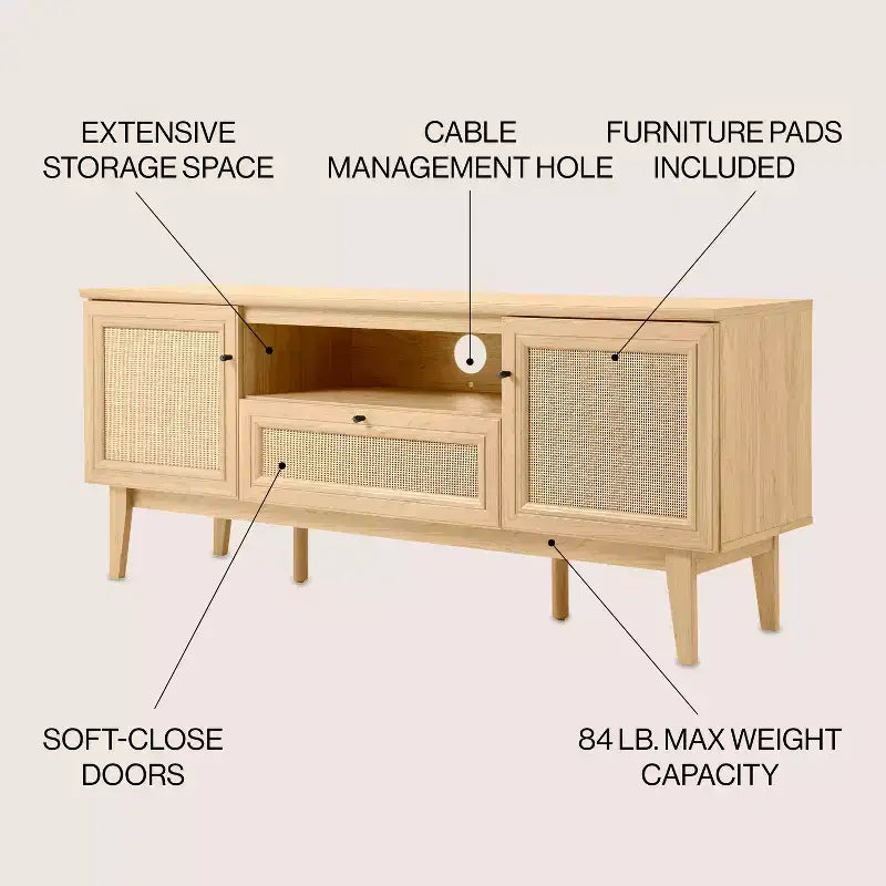 59" Farmhouse Caned TV Stand, Fits TVs up to 65", Drawer, Storage Doors, Cable Management, MDF