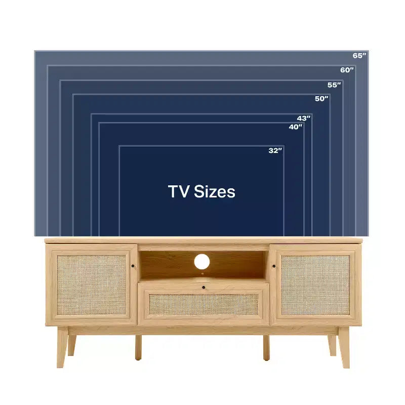 59" Farmhouse Caned TV Stand, Fits TVs up to 65", Drawer, Storage Doors, Cable Management, MDF