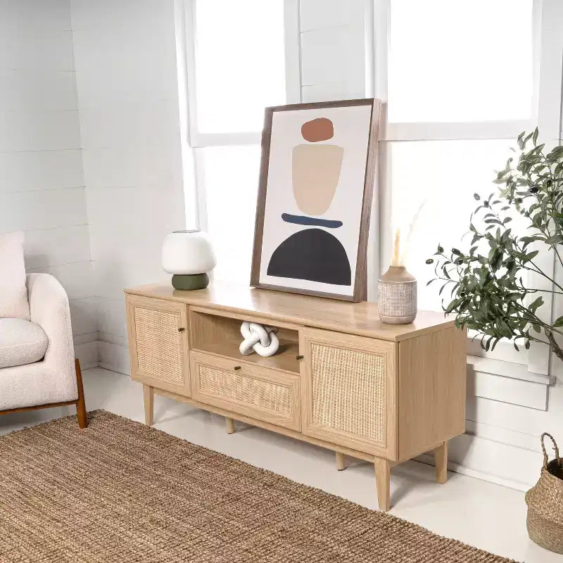 59" Farmhouse Caned TV Stand, Fits TVs up to 65", Drawer, Storage Doors, Cable Management, MDF