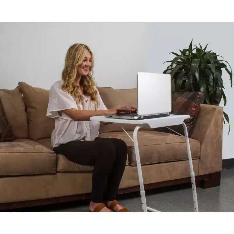 Adjustable Folding TV Tray Table, 6 Height Settings, Steel Frame, White, 5 lb Capacity, No Tools