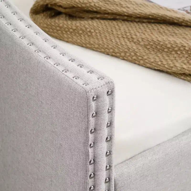 Twin/Full Upholstered Daybed with Trundle, Tufted Sofa Bed, Nailhead Wavy Arms, 300 lb Capacity