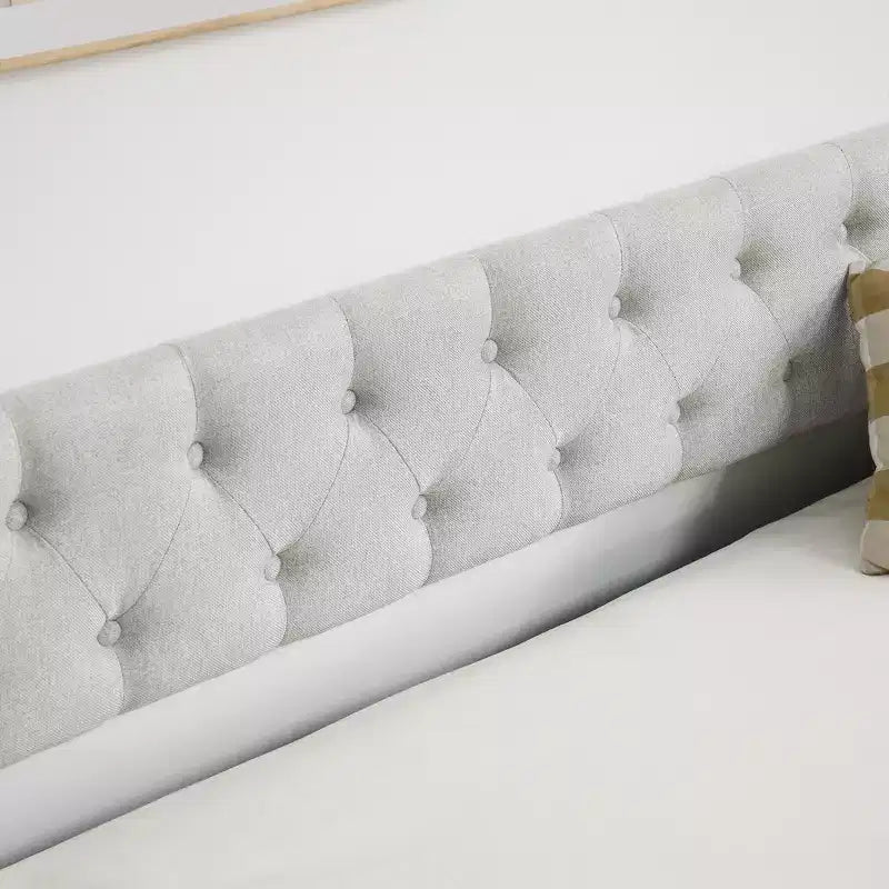Twin/Full Upholstered Daybed with Trundle, Tufted Sofa Bed, Nailhead Wavy Arms, 300 lb Capacity