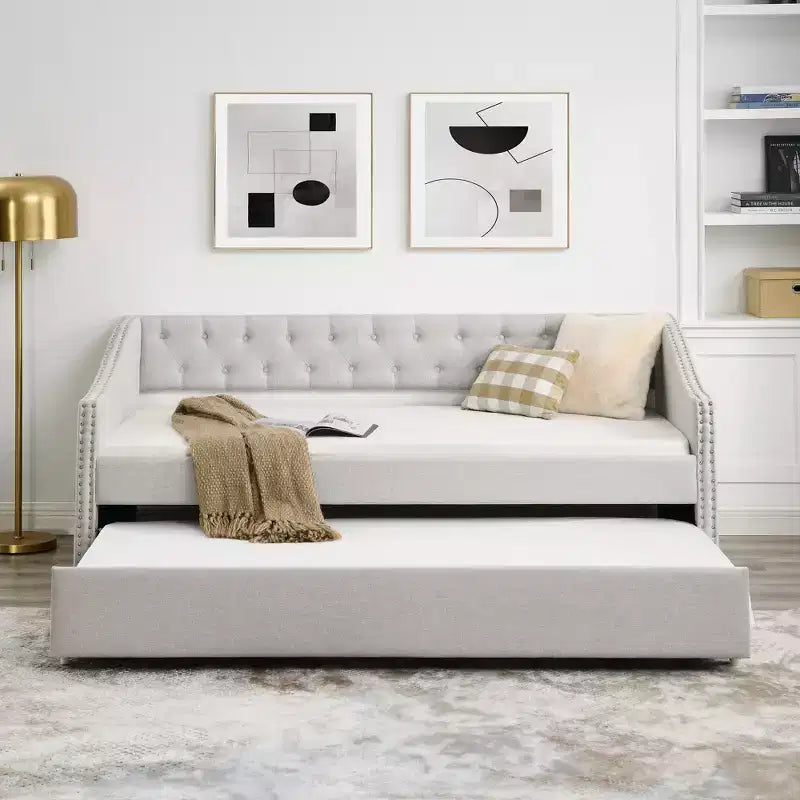 Twin/Full Upholstered Daybed with Trundle, Tufted Sofa Bed, Nailhead Wavy Arms, 300 lb Capacity