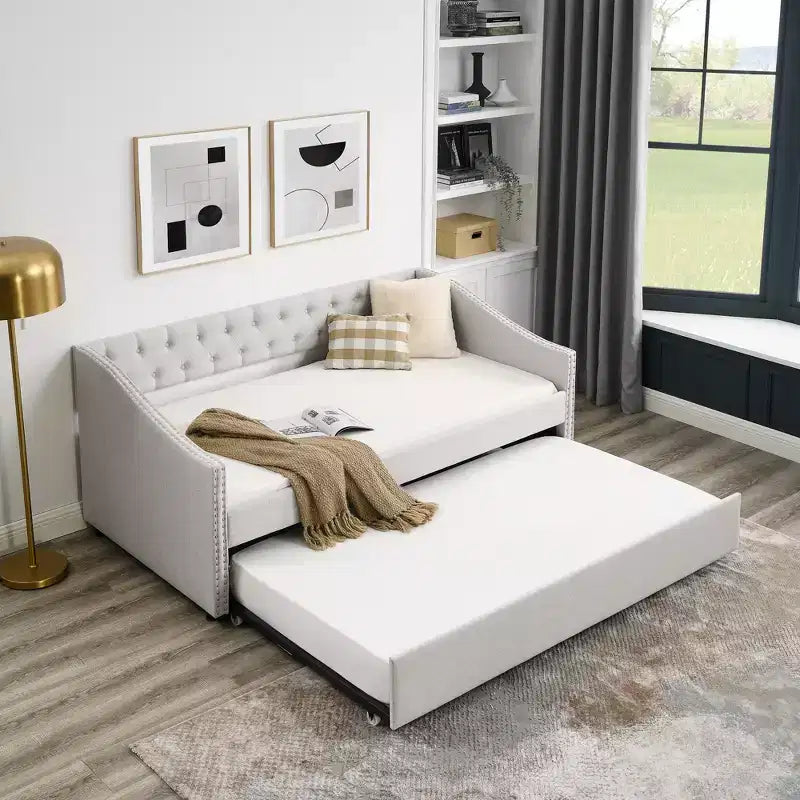 Twin/Full Upholstered Daybed with Trundle, Tufted Sofa Bed, Nailhead Wavy Arms, 300 lb Capacity