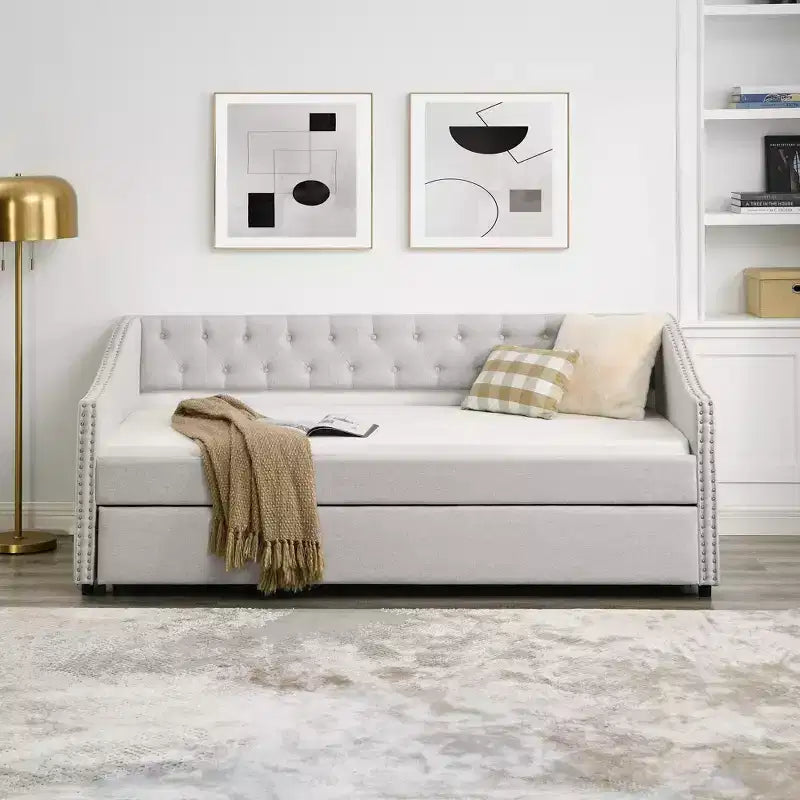 Twin/Full Upholstered Daybed with Trundle, Tufted Sofa Bed, Nailhead Wavy Arms, 300 lb Capacity