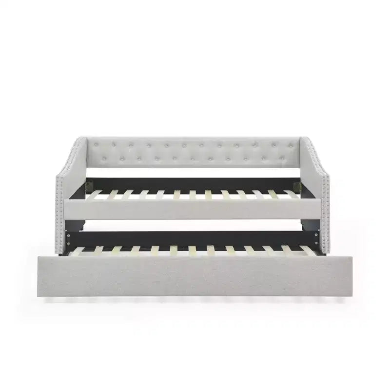 Twin/Full Upholstered Daybed with Trundle, Tufted Sofa Bed, Nailhead Wavy Arms, 300 lb Capacity