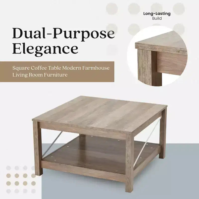 31.5" Square Coffee Table with Bottom Storage Shelf, Farmhouse Style, Beige, MDF, No Assembly
