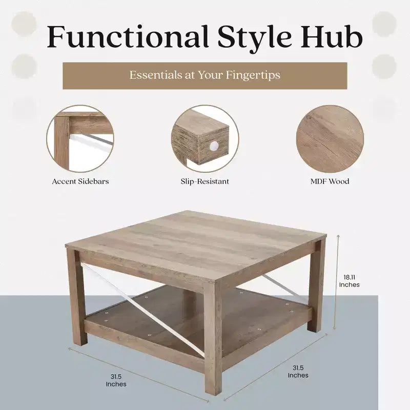 31.5" Square Coffee Table with Bottom Storage Shelf, Farmhouse Style, Beige, MDF, No Assembly