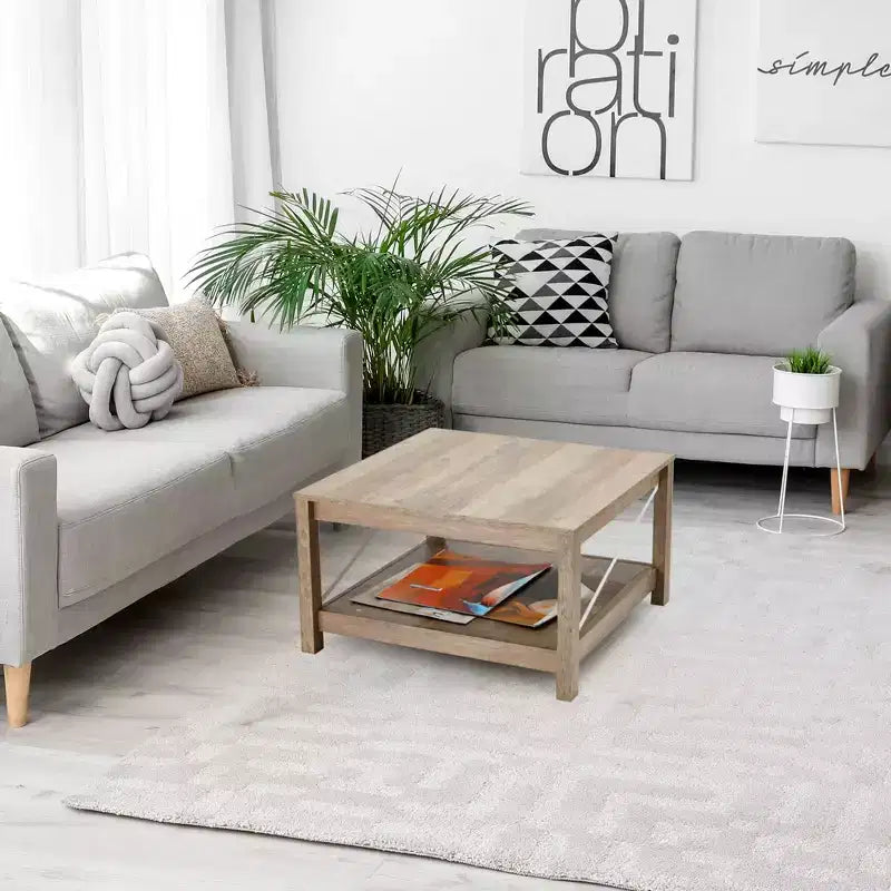 31.5" Square Coffee Table with Bottom Storage Shelf, Farmhouse Style, Beige, MDF, No Assembly