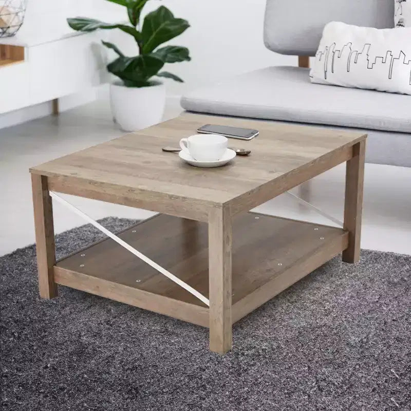 31.5" Square Coffee Table with Bottom Storage Shelf, Farmhouse Style, Beige, MDF, No Assembly