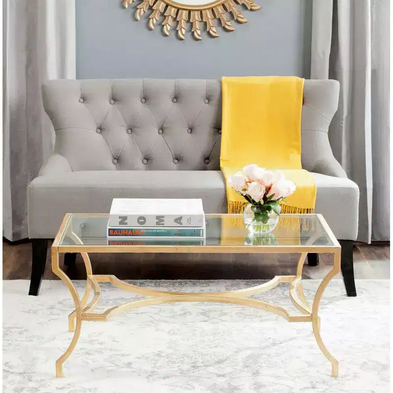 37" Rectangular Coffee Table, Tempered Glass Top, Gold Iron Frame, Curved Base, 22 lb Capacity