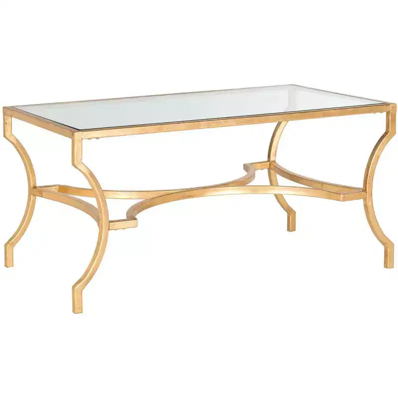 37" Rectangular Coffee Table, Tempered Glass Top, Gold Iron Frame, Curved Base, 22 lb Capacity
