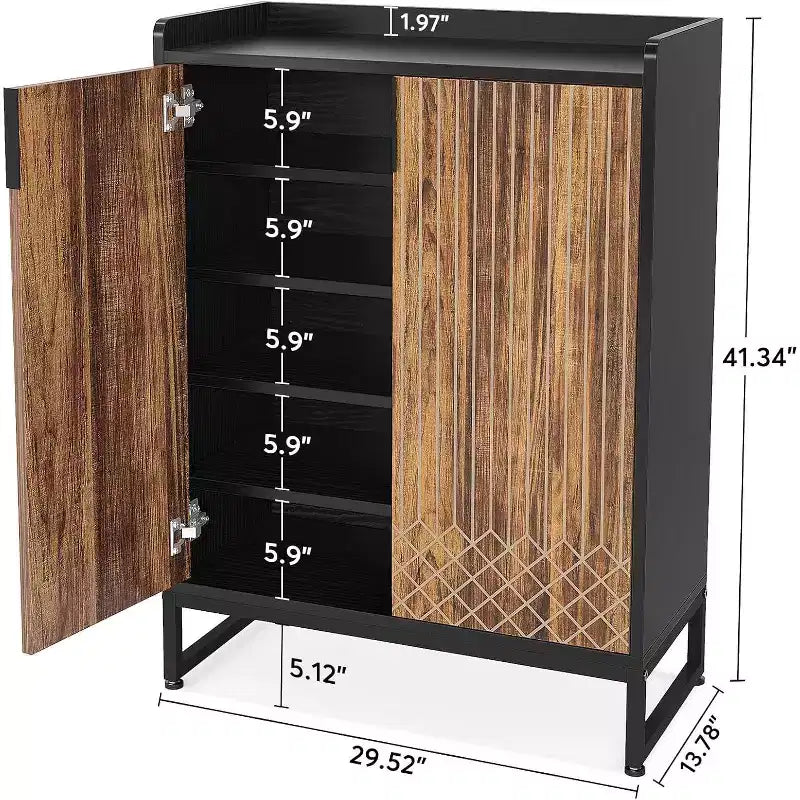5-Tier Shoe Rack Organizer Cabinet with Doors, Holds 25 Pairs, Metal Frame, Wood Shelves