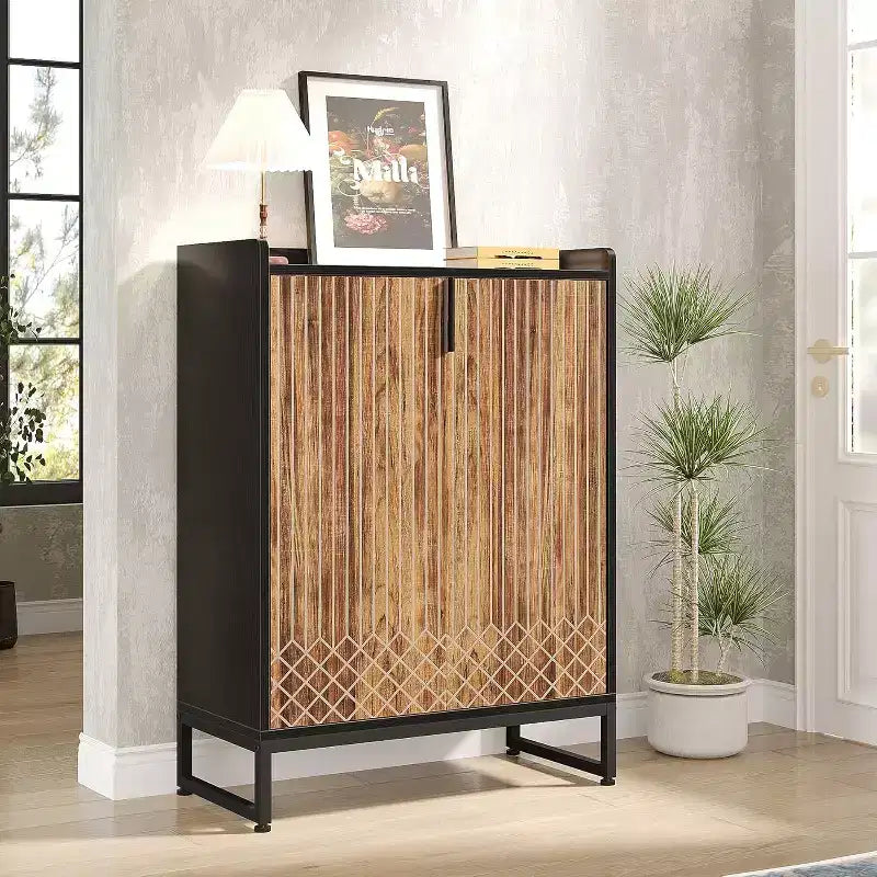 5-Tier Shoe Rack Organizer Cabinet with Doors, Holds 25 Pairs, Metal Frame, Wood Shelves