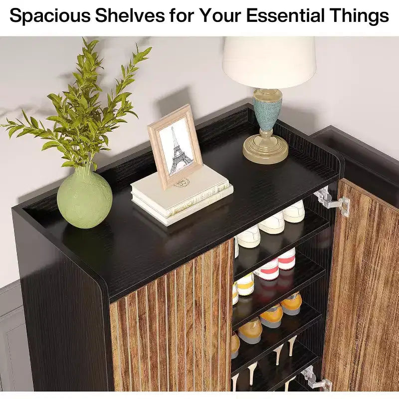 5-Tier Shoe Rack Organizer Cabinet with Doors, Holds 25 Pairs, Metal Frame, Wood Shelves