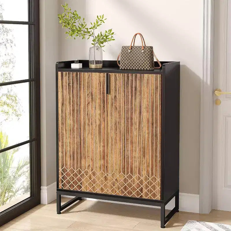 5-Tier Shoe Rack Organizer Cabinet with Doors, Holds 25 Pairs, Metal Frame, Wood Shelves