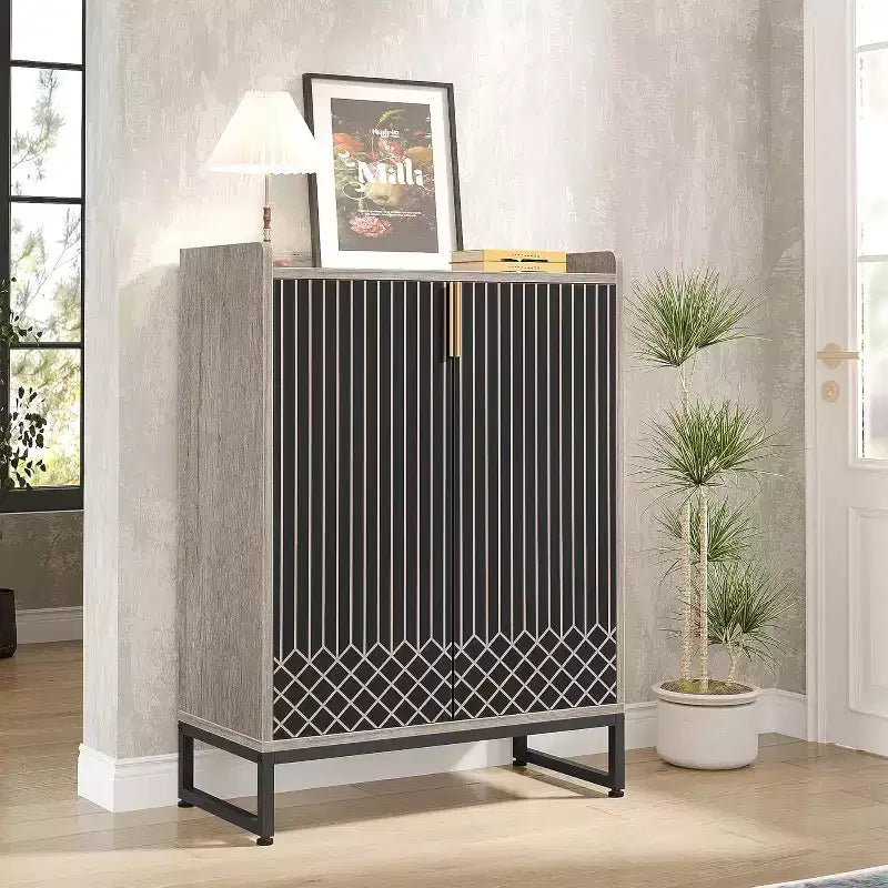 5-Tier Shoe Rack Organizer Cabinet with Doors, Holds 25 Pairs, Metal Frame, Wood Shelves