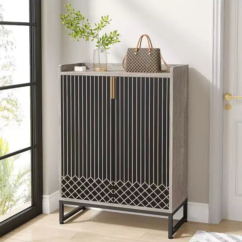 5-Tier Shoe Rack Organizer Cabinet with Doors, Holds 25 Pairs, Metal Frame, Wood Shelves